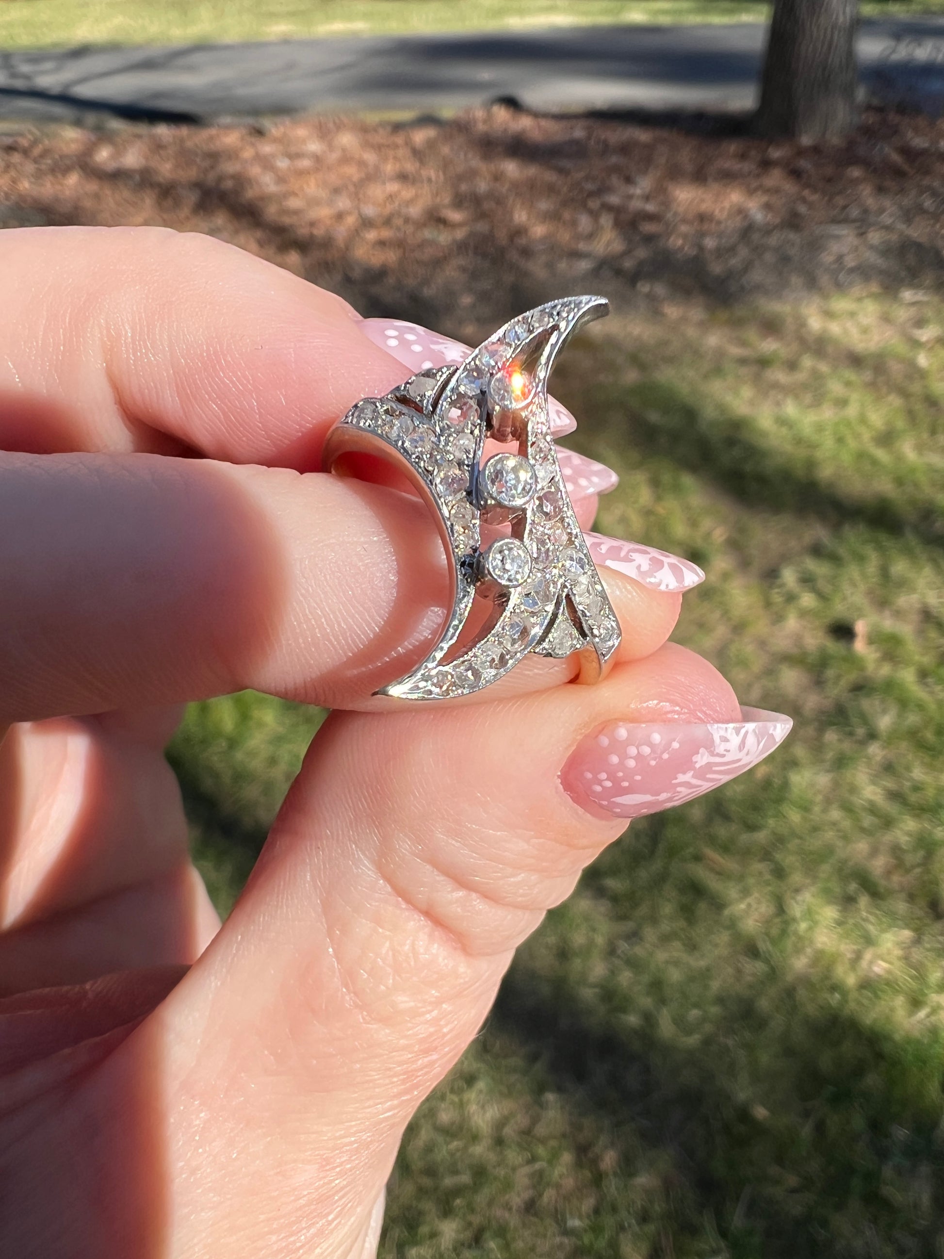 Antique Diamond Navette Ring in Platinum and Gold
