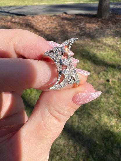 Antique Diamond Navette Ring in Platinum and Gold
