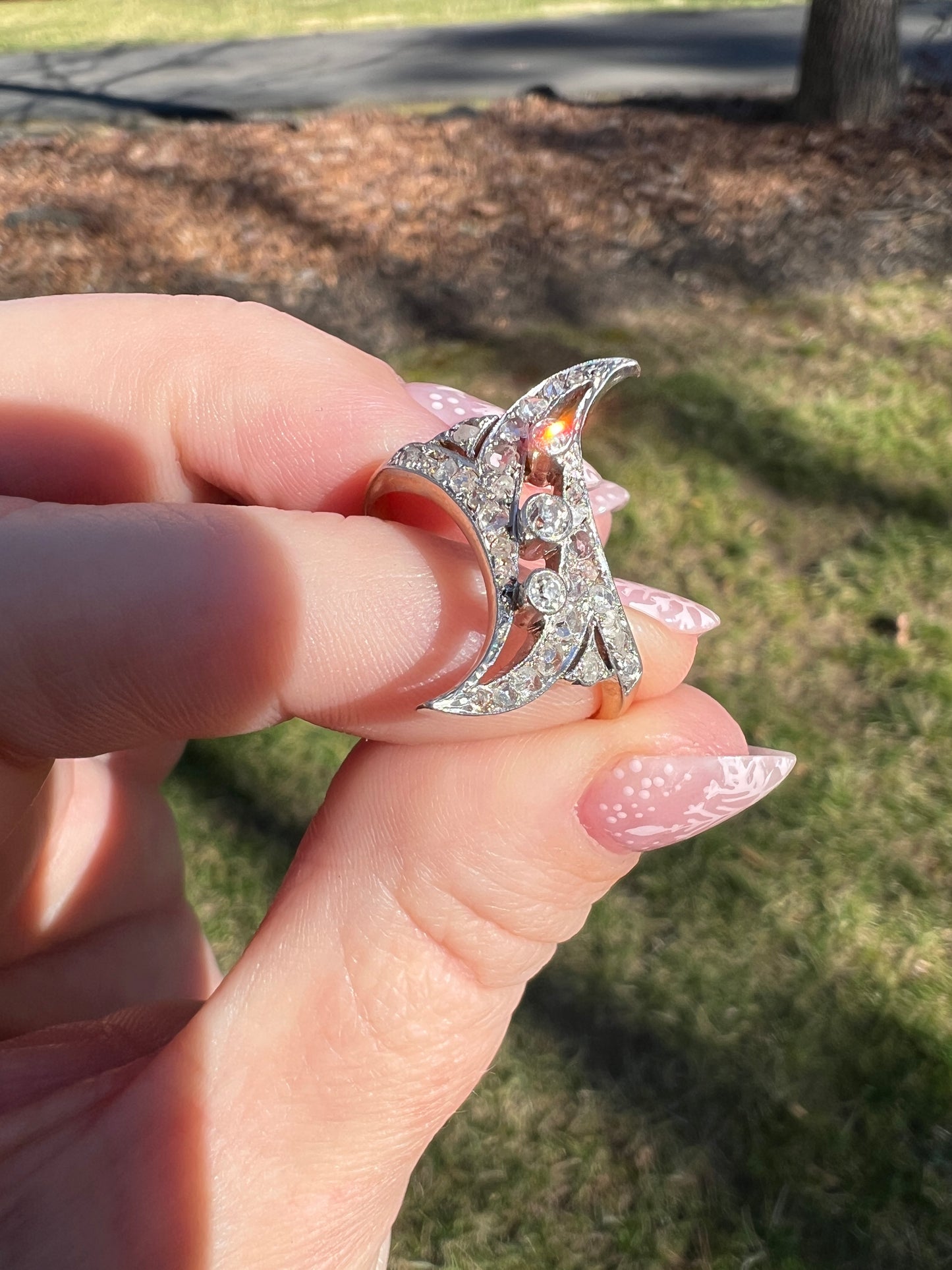 Antique Diamond Navette Ring in Platinum and Gold