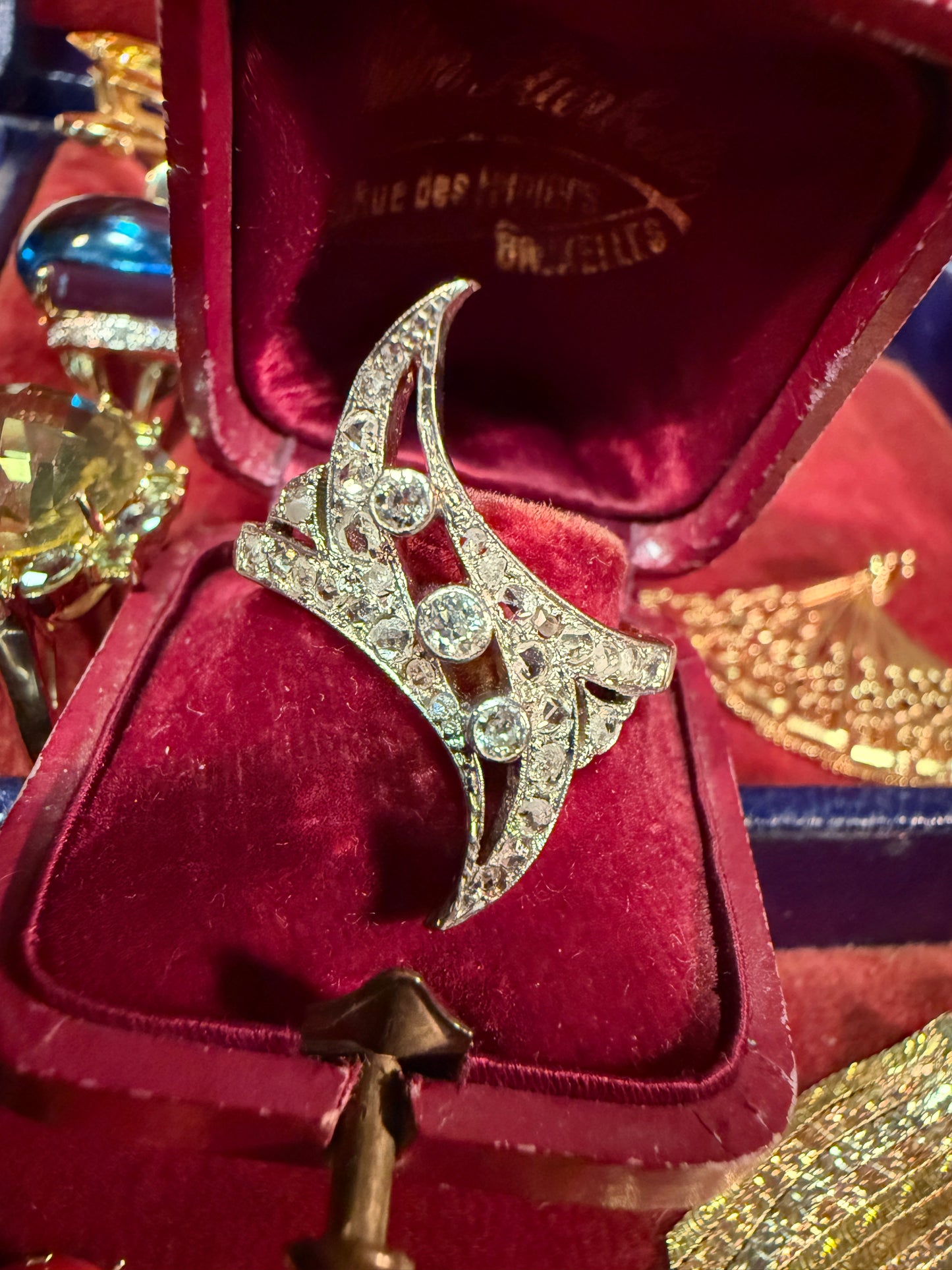 Antique Diamond Navette Ring in Platinum and Gold