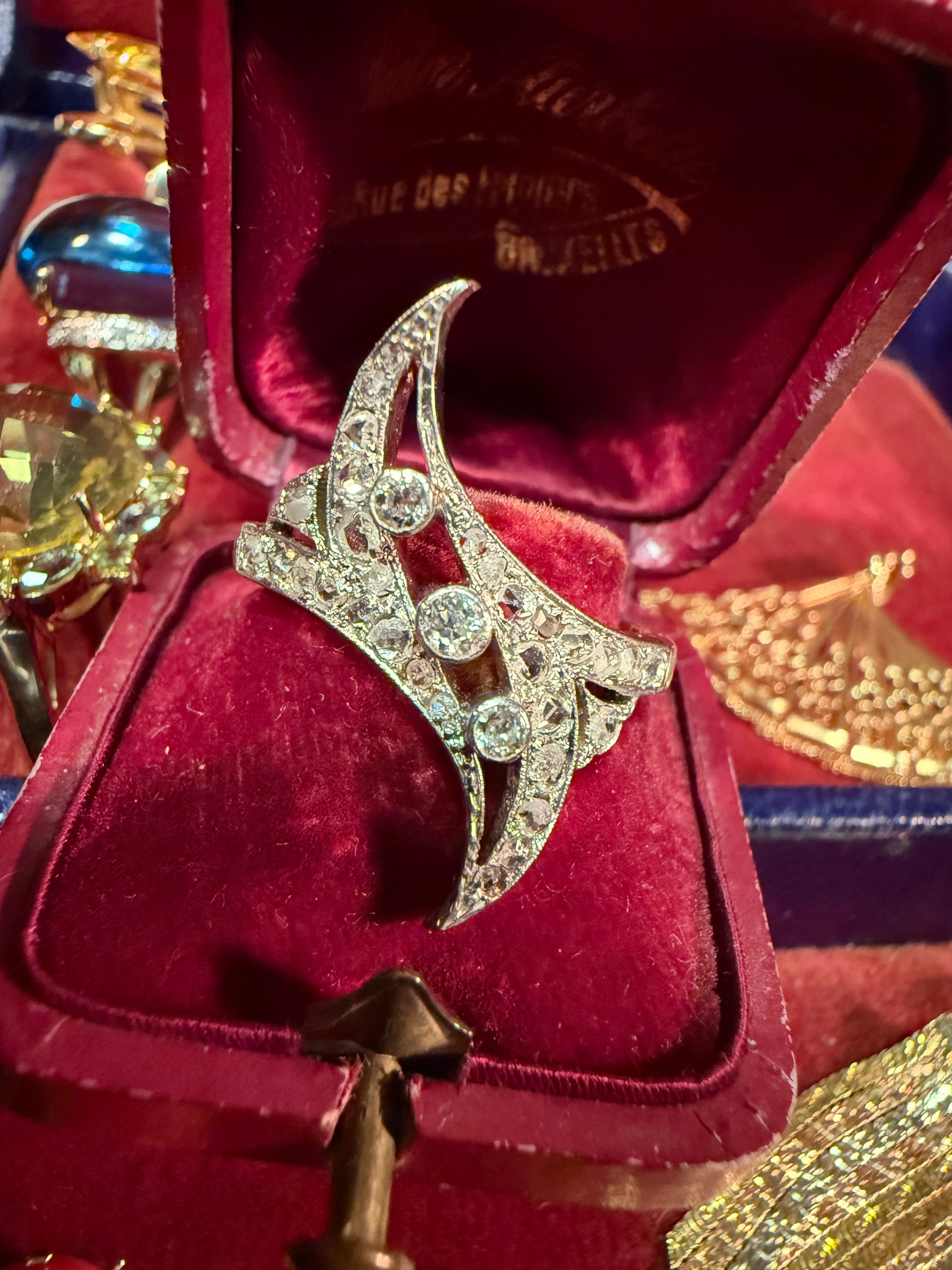 Antique Diamond Navette Ring in Platinum and Gold