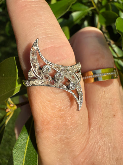 Antique Diamond Navette Ring in Platinum and Gold
