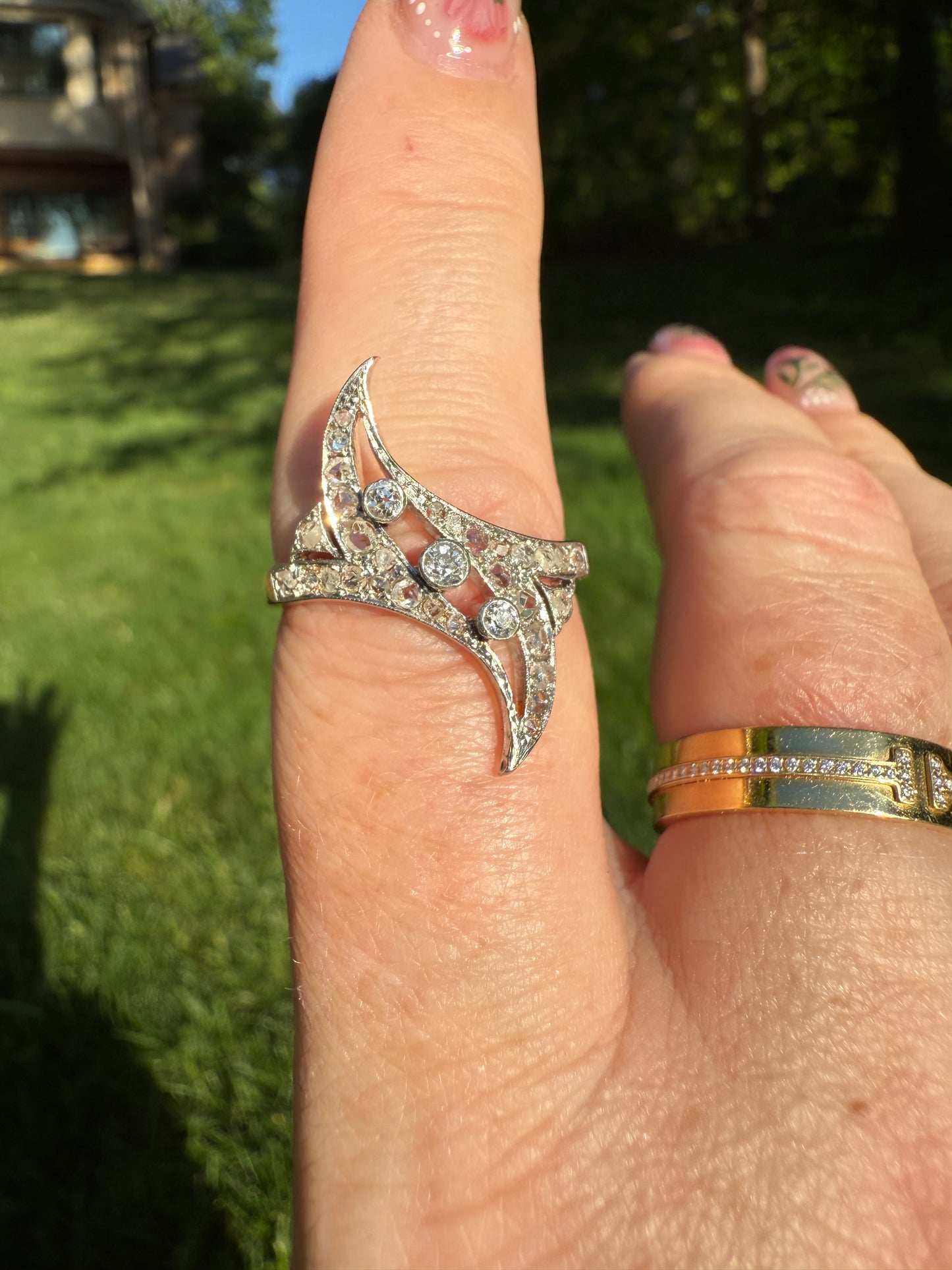 Antique Diamond Navette Ring in Platinum and Gold