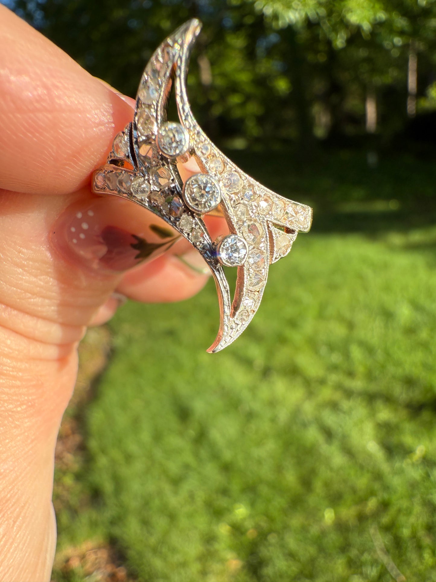 Antique Diamond Navette Ring in Platinum and Gold