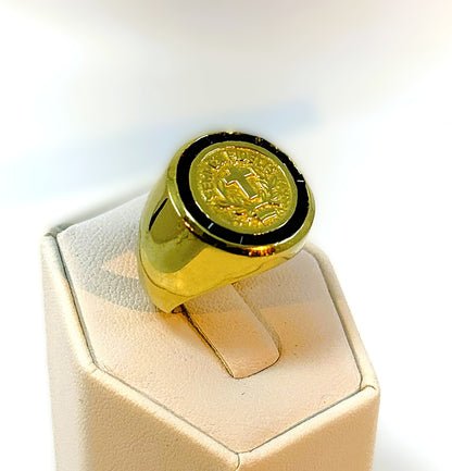 Vintage 18K Gold & Natural Sapphire Signet Ring – “Semper Fidelis” Cross & Laurel Motif, 24.5g Estate Statement Ring