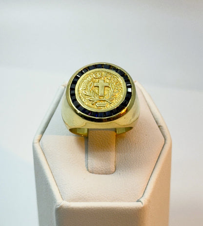 Vintage 18K Gold & Natural Sapphire Signet Ring – “Semper Fidelis” Cross & Laurel Motif, 24.5g Estate Statement Ring