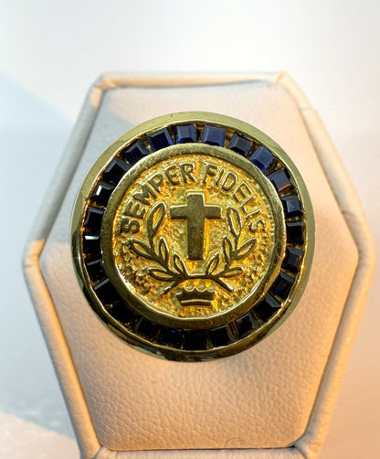 Vintage 18K Gold & Natural Sapphire Signet Ring – “Semper Fidelis” Cross & Laurel Motif, 24.5g Estate Statement Ring