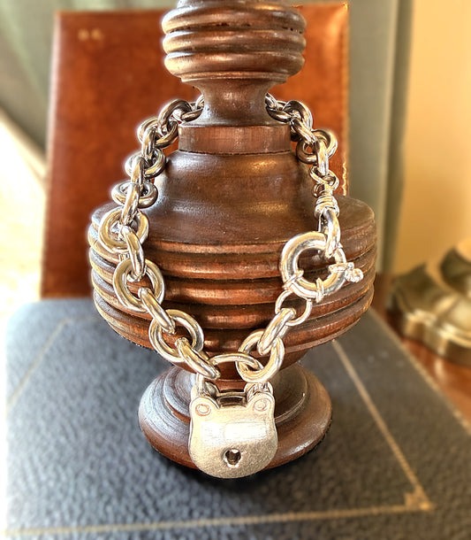 Authentic Brooks Brothers Sterling Silver Rolo Link Padlock Bracelet Jumbo Bolt Clasp & Dog Clip | Circa 1990–2000