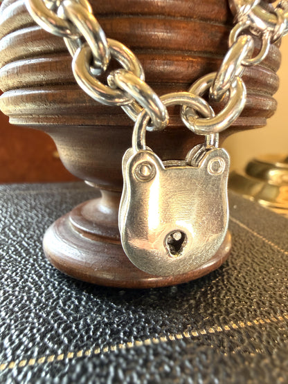 Authentic Brooks Brothers Sterling Silver Rolo Link Padlock Bracelet Jumbo Bolt Clasp & Dog Clip | Circa 1990–2000