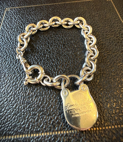 Authentic Brooks Brothers Sterling Silver Rolo Link Padlock Bracelet Jumbo Bolt Clasp & Dog Clip | Circa 1990–2000