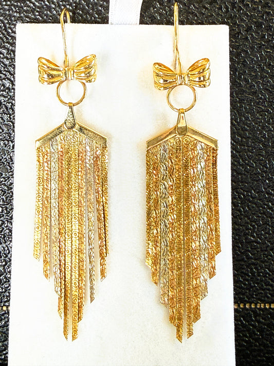 Vintage 18k Gold Bow Tassle Earrings, Tri-Color