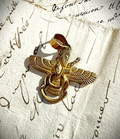 18k Solid Gold Faravahar Pendant, Medium