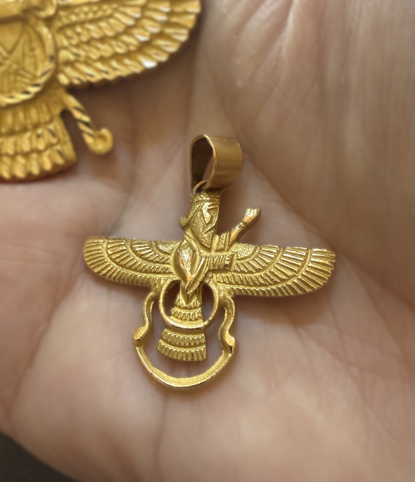 18k Solid Gold Faravahar Pendant, Medium