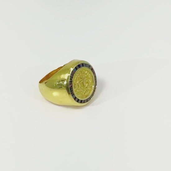 Vintage 18K Gold & Natural Sapphire Signet Ring – “Semper Fidelis” Cross & Laurel Motif, 24.5g Estate Statement Ring