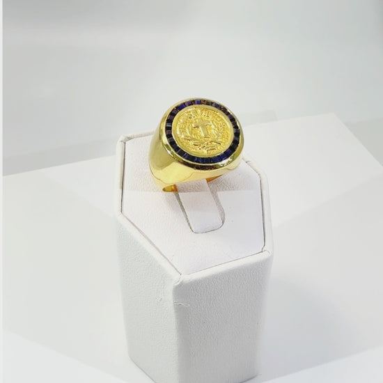 Vintage 18K Gold & Natural Sapphire Signet Ring – “Semper Fidelis” Cross & Laurel Motif, 24.5g Estate Statement Ring